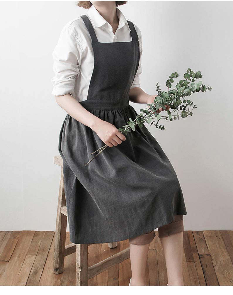 losofar Women Girls Vintage Apron Adjustable Gardening Works Cross Back Cotton/Linen Blend Aprons Pinafore Dress with Two Pockets (grey, one size) - Image 2